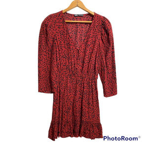 𝅺ZARA Womens M The Claris Ruffle Swing Dress Red Polka Dot V Neck Cinched Waist